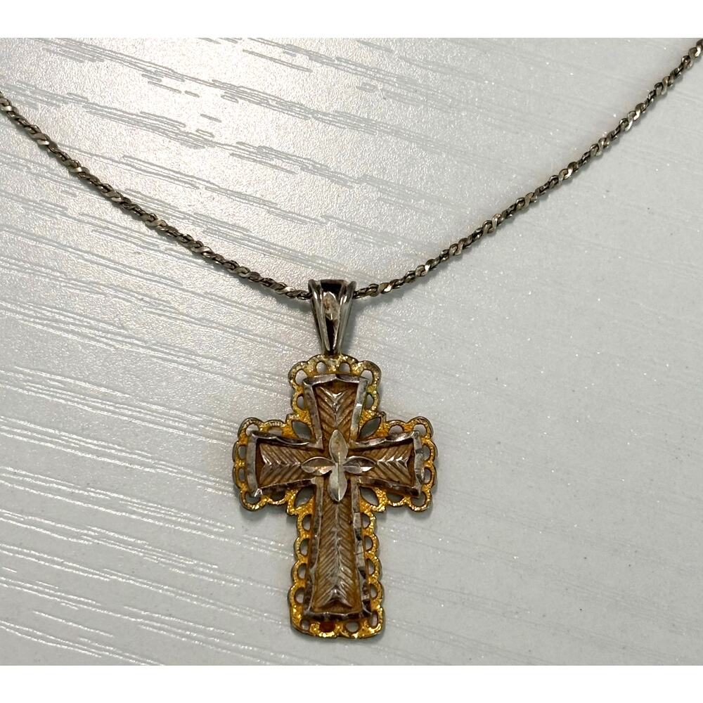 Cross Pendant Necklace 925 Italy Sterling Chain Gold Silver Tone 19" Religious